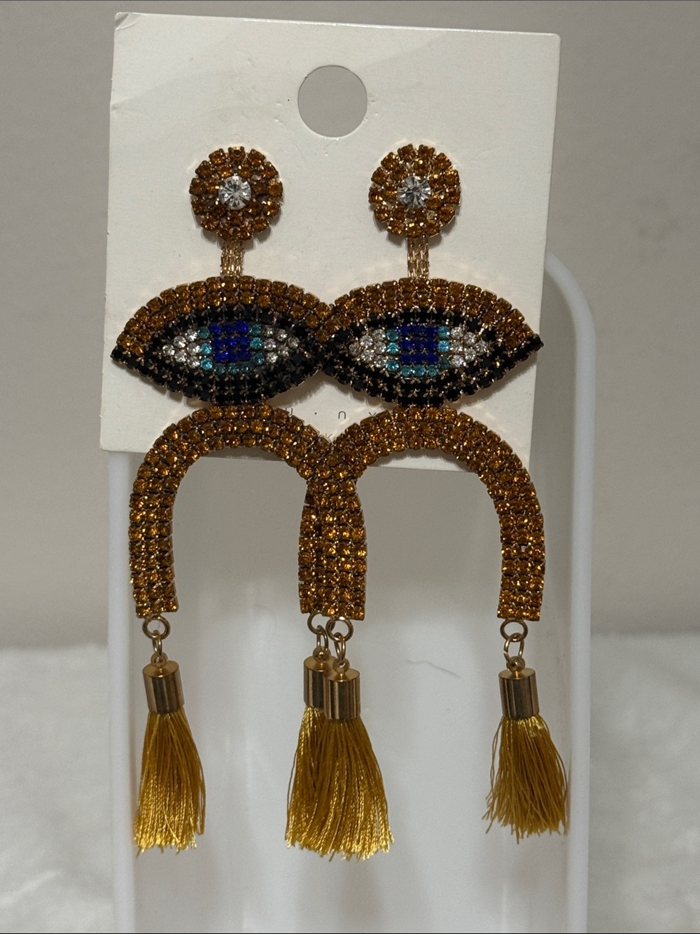 Source Unknown Gold and Blue Crystal Eye Tassel Earrings